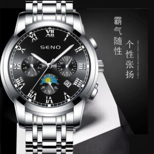 Seno Casual Sun, Moon and Stars Watch Men's Quartz Watch Waterproof Calendar Luminous Stainless Steel Watch Dropshipping