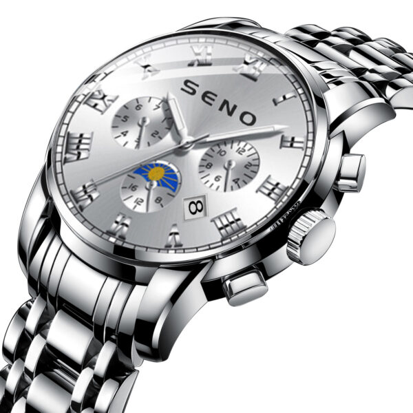 Seno Casual Sun, Moon and Stars Watch Men's Quartz Watch Waterproof Calendar Luminous Stainless Steel Watch Dropshipping - Image 4