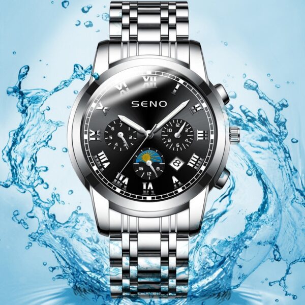 Seno Casual Sun, Moon and Stars Watch Men's Quartz Watch Waterproof Calendar Luminous Stainless Steel Watch Dropshipping - Image 2