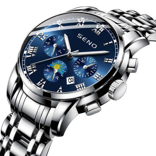 Seno Casual Sun, Moon and Stars Watch Men's Quartz Watch Waterproof Calendar Luminous Stainless Steel Watch Dropshipping - Image 3